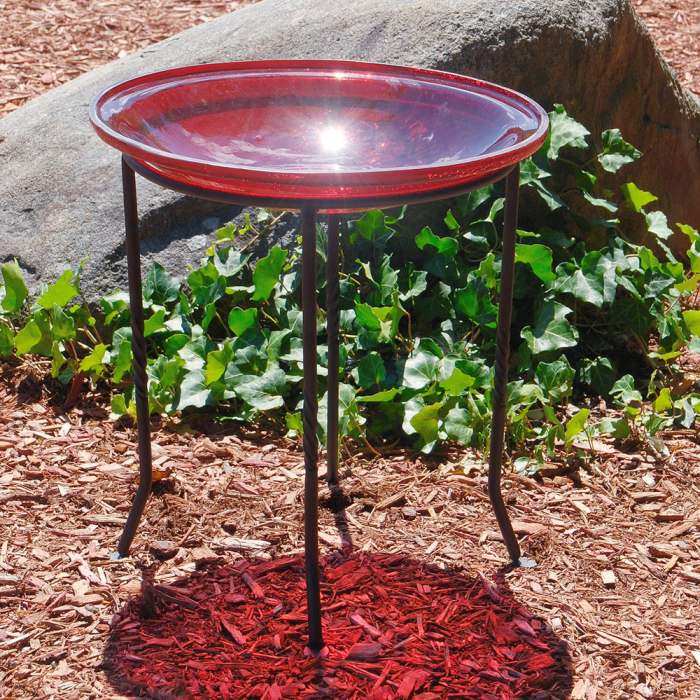 Crackle Glass Birdbath Red w/Ring Stand